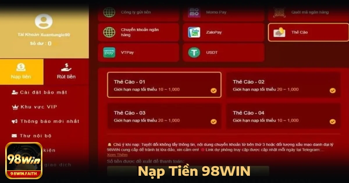 Nạp Tiền 98Win 3 Tự động cập nhật số dư sau 30 giây – không cần báo mã lệnh